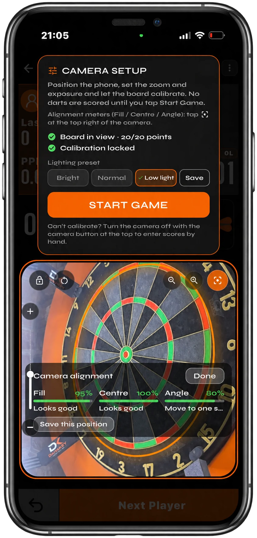 DartsKEY Camera Setup: board in view with 20/20 points, calibration locked, and the Fill, Centre and Angle meters reading 95%, 100% and 80%