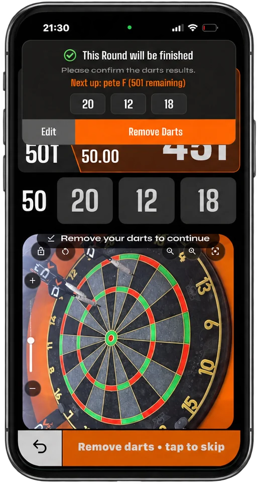 End-of-visit check: the three darts 20, 12 and 18 with Edit and Remove Darts buttons