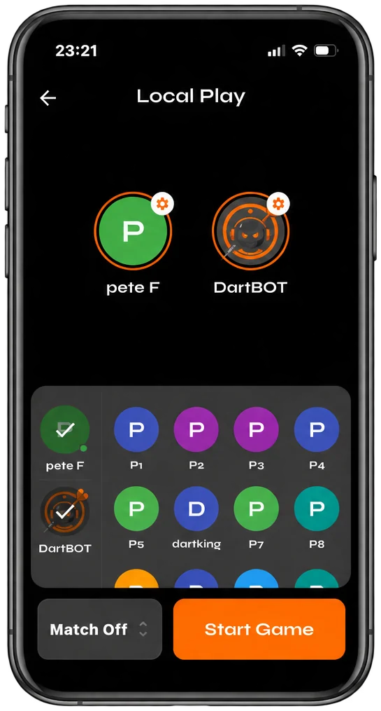 Local Play: a player and DartBOT selected on one phone, with Start Game