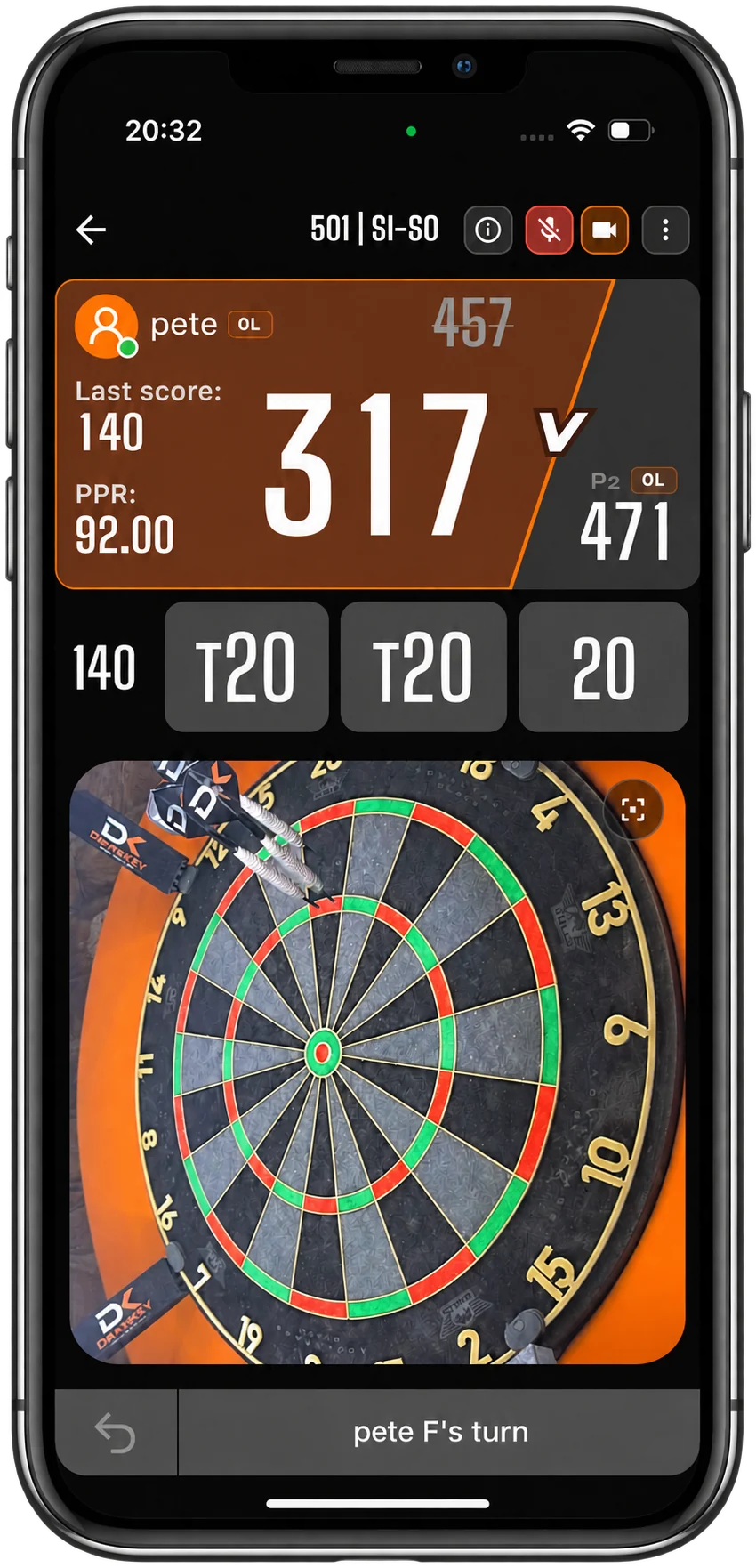 DartsKEY 501 match: 317 left after a 140 visit of T20, T20, 20, read from the live camera view of the board