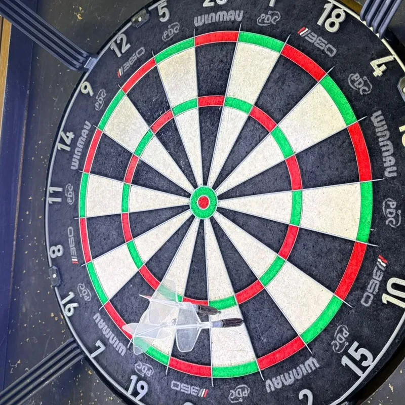 Close view of a player's dartboard around the bull