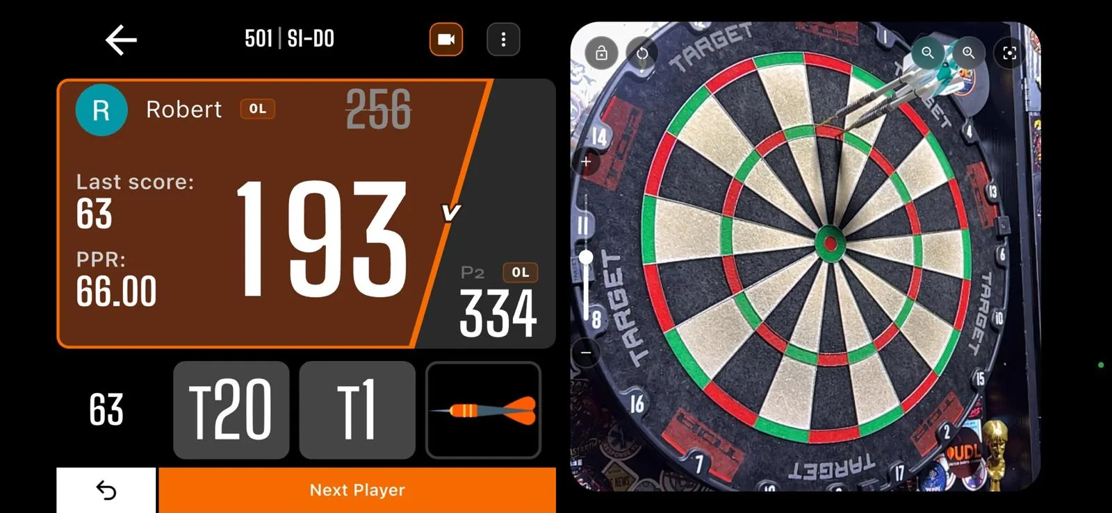 Real DartsKEY screenshot: a 501 match with T20 and T1 read from the live camera view of the board